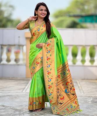 parrot green faux banarasi silk blend saree with paithani rich weaved pallu and blouse 3