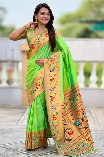 parrot green faux banarasi silk blend saree with paithani rich weaved pallu and blouse