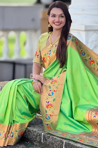 parrot green faux banarasi silk blend saree with paithani rich weaved pallu and blouse