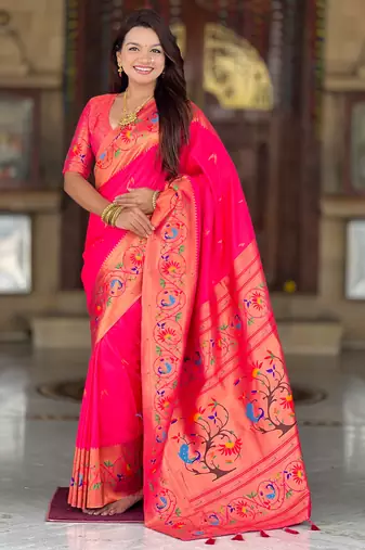 pink green  faux banarasi silk blend saree with paithani rich weaved pallu and blouse