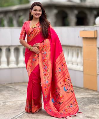pink green faux banarasi silk blend saree with paithani rich weaved pallu and blouse 2
