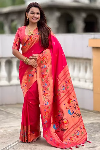 pink green faux banarasi silk blend saree with paithani rich weaved pallu and blouse
