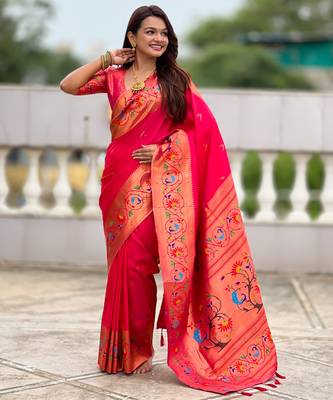 pink green faux banarasi silk blend saree with paithani rich weaved pallu and blouse 3