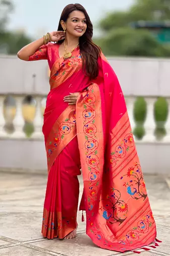 pink green faux banarasi silk blend saree with paithani rich weaved pallu and blouse