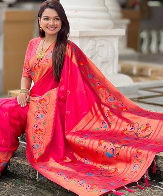 pink green faux banarasi silk blend saree with paithani rich weaved pallu and blouse 4
