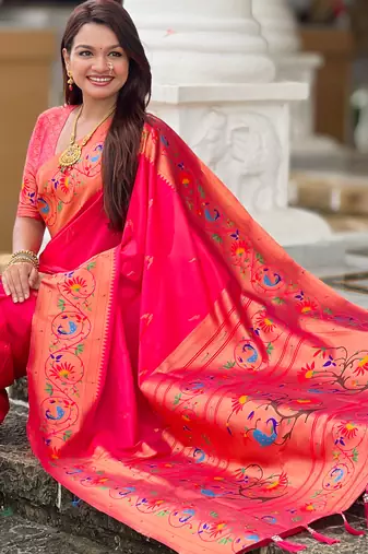 pink green faux banarasi silk blend saree with paithani rich weaved pallu and blouse