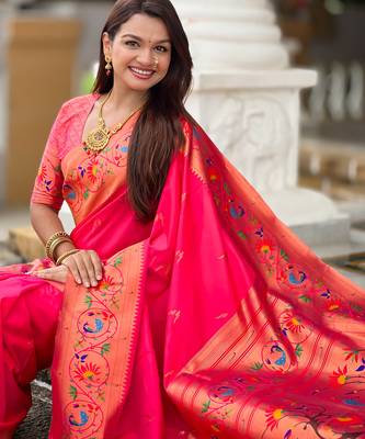 pink green faux banarasi silk blend saree with paithani rich weaved pallu and blouse 5