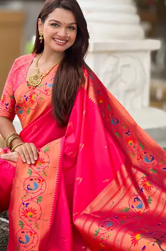 pink green faux banarasi silk blend saree with paithani rich weaved pallu and blouse