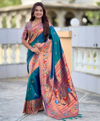 teal blue faux banarasi silk blend saree with paithani rich weaved pallu and blouse 1
