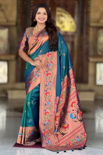 teal blue faux banarasi silk blend saree with paithani rich weaved pallu and blouse