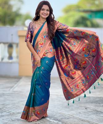 teal blue faux banarasi silk blend saree with paithani rich weaved pallu and blouse 3