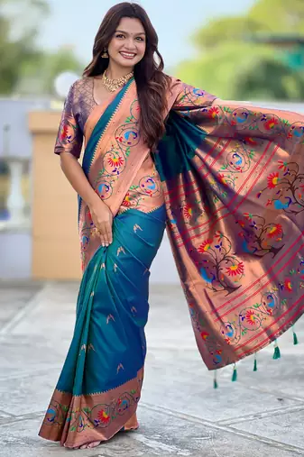 teal blue faux banarasi silk blend saree with paithani rich weaved pallu and blouse