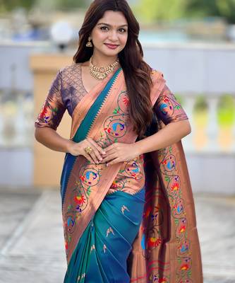 teal blue faux banarasi silk blend saree with paithani rich weaved pallu and blouse 4
