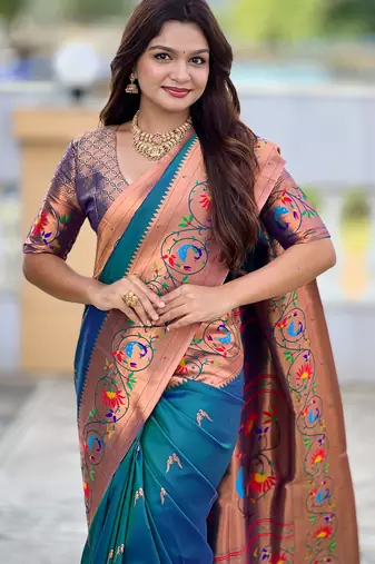 teal blue faux banarasi silk blend saree with paithani rich weaved pallu and blouse