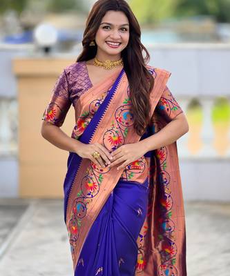 violet faux banarasi silk blend saree with paithani rich weaved pallu and blouse 2