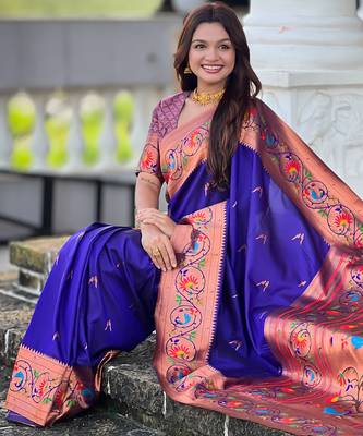 violet faux banarasi silk blend saree with paithani rich weaved pallu and blouse 3
