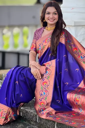 violet faux banarasi silk blend saree with paithani rich weaved pallu and blouse