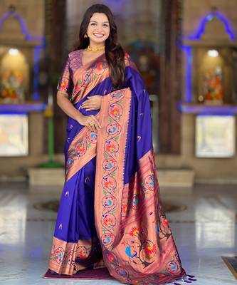 violet faux banarasi silk blend saree with paithani rich weaved pallu and blouse 4