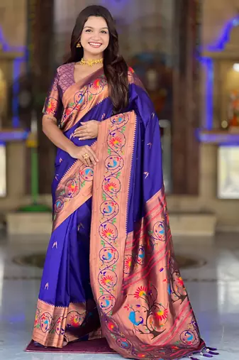 violet faux banarasi silk blend saree with paithani rich weaved pallu and blouse