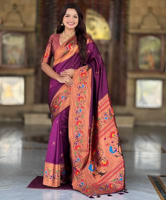wine faux banarasi silk blend saree with paithani rich weaved pallu and blouse 1