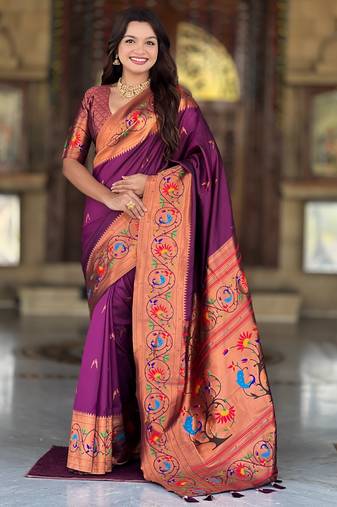 wine faux banarasi silk blend saree with paithani rich weaved pallu and blouse