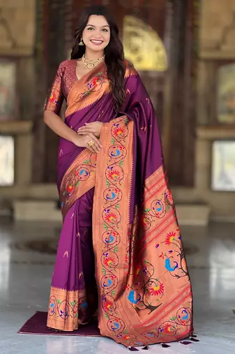 wine faux banarasi silk blend saree with paithani rich weaved pallu and blouse