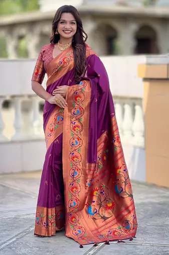 wine faux banarasi silk blend saree with paithani rich weaved pallu and blouse
