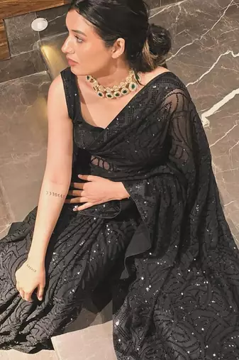 black georgette sequin embroidered saree with blouse