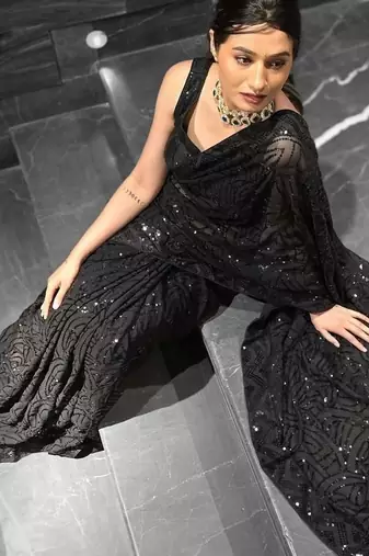 black georgette sequin embroidered saree with blouse