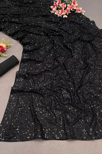 black georgette sequin embroidered saree with blouse