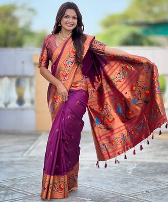 wine faux banarasi silk blend saree with paithani rich weaved pallu and blouse 4