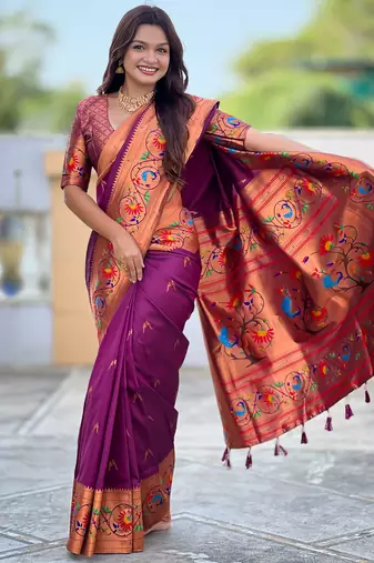 wine faux banarasi silk blend saree with paithani rich weaved pallu and blouse