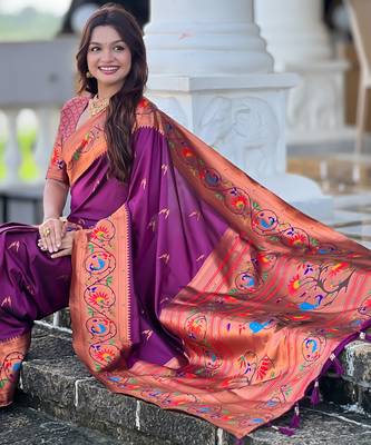 wine faux banarasi silk blend saree with paithani rich weaved pallu and blouse 5