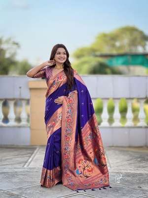 violet faux banarasi silk blend saree with paithani rich weaved pallu and blouse 1