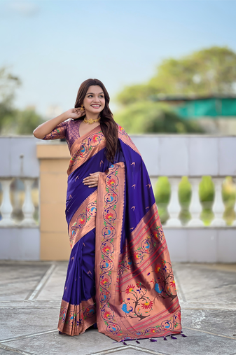 violet  faux banarasi silk blend saree with paithani rich weaved pallu and blouse