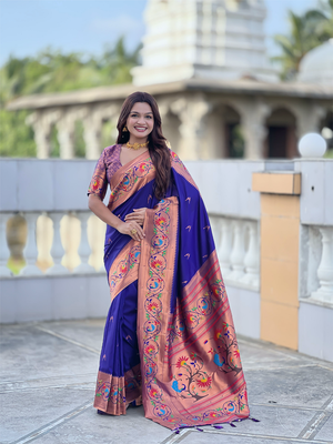 violet faux banarasi silk blend saree with paithani rich weaved pallu and blouse 5