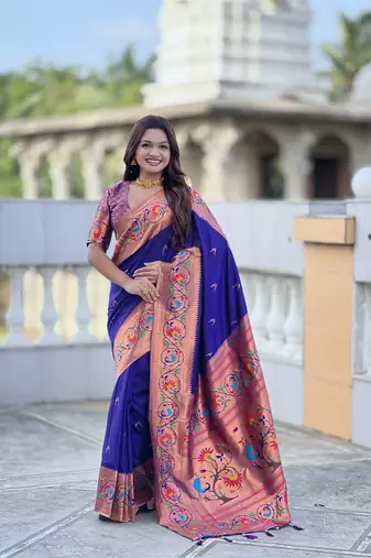 violet faux banarasi silk blend saree with paithani rich weaved pallu and blouse