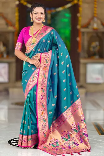 teal blue  faux banarasi silk blend saree with paithani rich weaved pallu and blouse