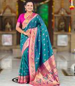 teal blue  faux banarasi silk blend saree with paithani rich weaved pallu and blouse
