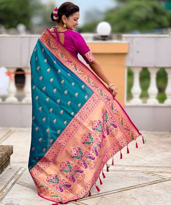 teal blue faux banarasi silk blend saree with paithani rich weaved pallu and blouse 3