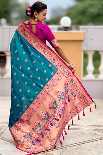teal blue faux banarasi silk blend saree with paithani rich weaved pallu and blouse