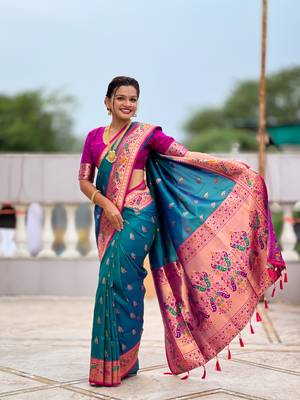 teal blue faux banarasi silk blend saree with paithani rich weaved pallu and blouse 4