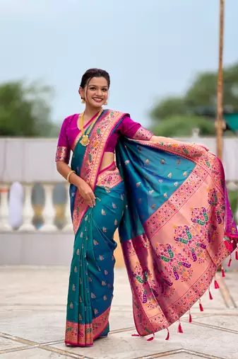 teal blue faux banarasi silk blend saree with paithani rich weaved pallu and blouse