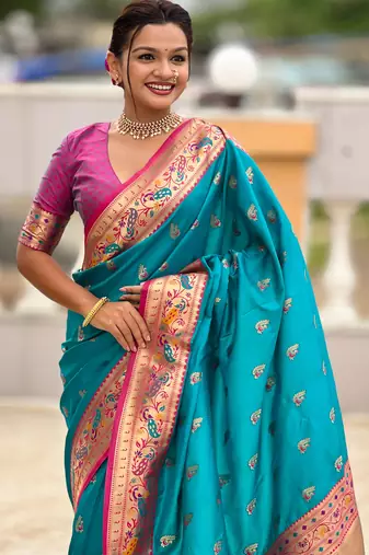 sky blue faux banarasi silk blend saree with paithani rich weaved pallu and blouse