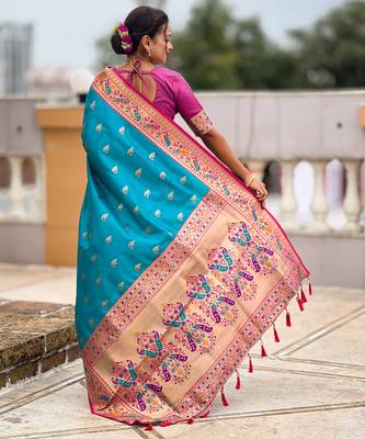 sky blue faux banarasi silk blend saree with paithani rich weaved pallu and blouse 3