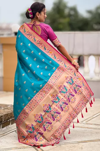 sky blue faux banarasi silk blend saree with paithani rich weaved pallu and blouse