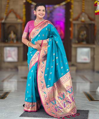 sky blue faux banarasi silk blend saree with paithani rich weaved pallu and blouse 4