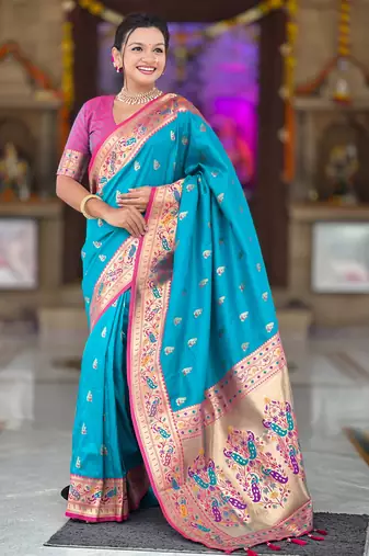sky blue faux banarasi silk blend saree with paithani rich weaved pallu and blouse