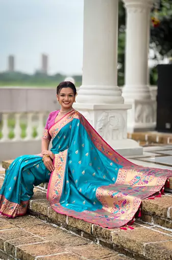 sky blue faux banarasi silk blend saree with paithani rich weaved pallu and blouse