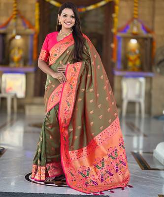 green faux banarasi silk blend saree with paithani rich weaved pallu and blouse 1